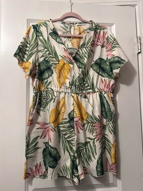 Tropical Print  Romper in Cream with Green & Yellow Leaves